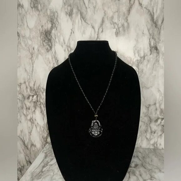 JADE obsidian Black Hand Carved Maitreya Buddah Pendant Necklace - Picture 5 of 7